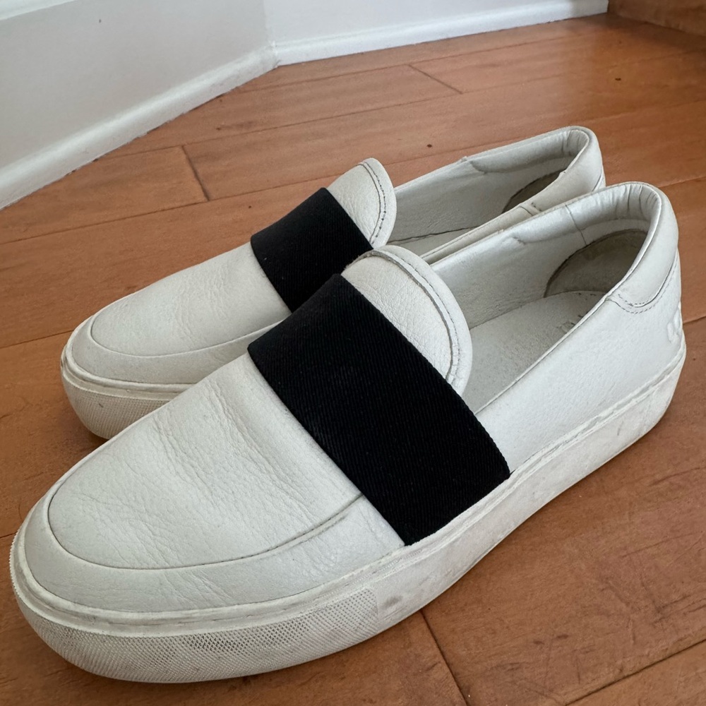 White and Black Slip-On Loafers with Elastic Band